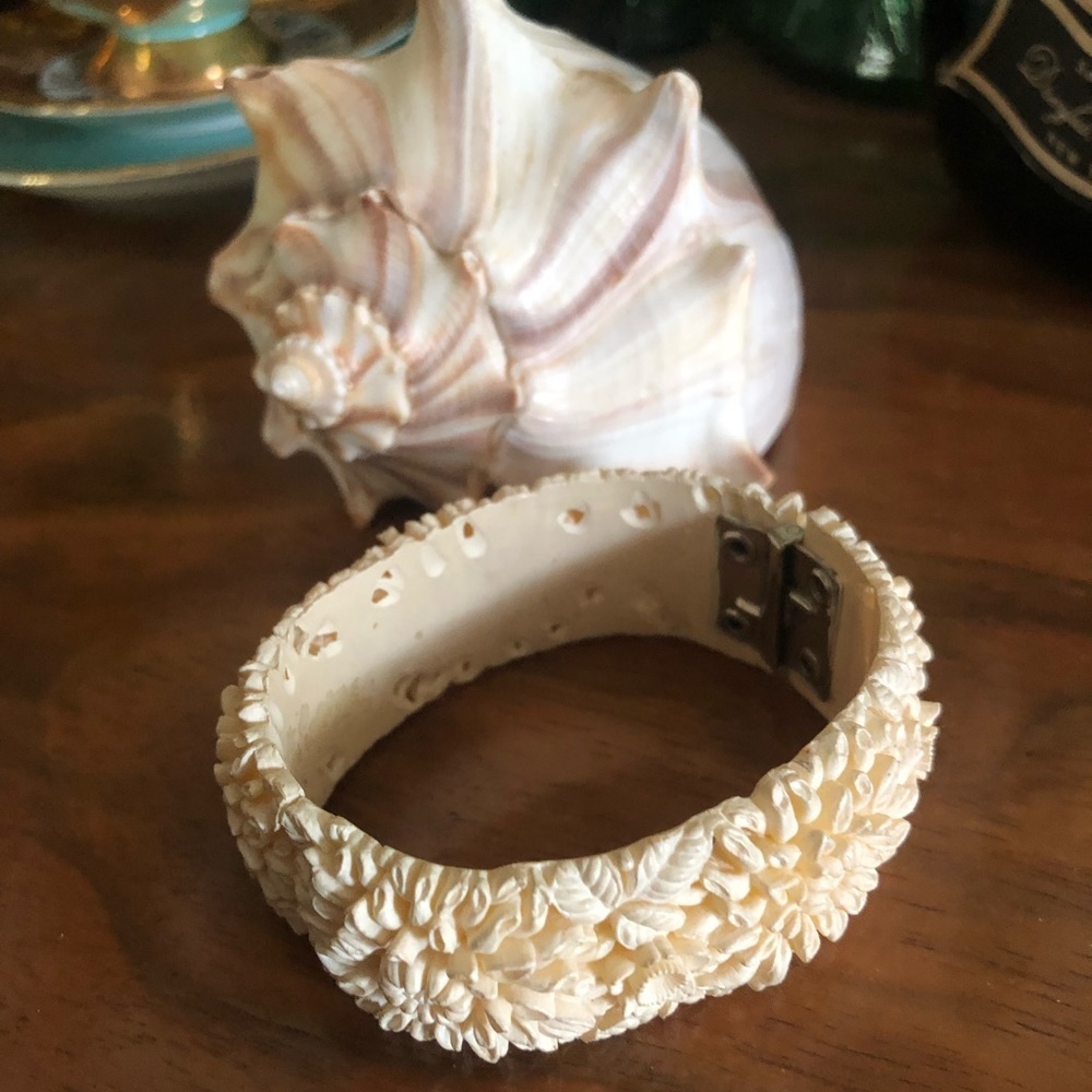 Antique Carved Celluloid Floral Clamper Bracelet